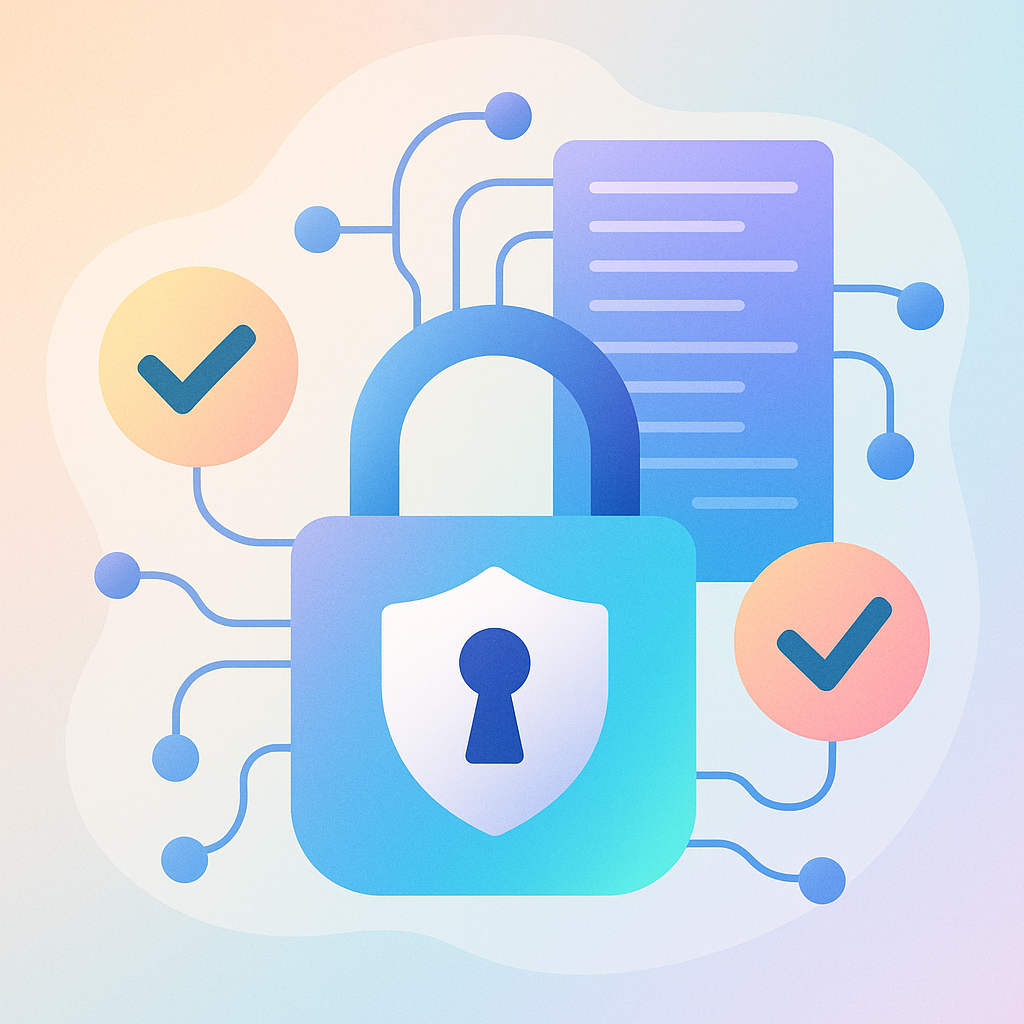 Abstract illustration of secure network, padlock, and check marks representing data governance and compliance
